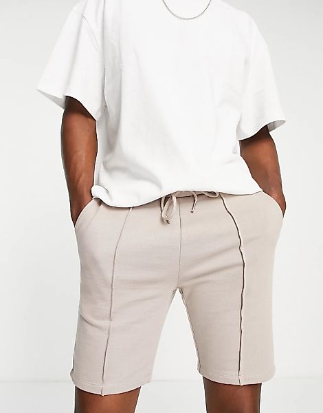 ASOS DESIGN – Eng geschnittene Jersey-Shorts mit Biesen in Beige-Grau günstig online kaufen