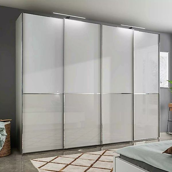 Schwebetürenkleiderschrank 4-türig Weiß und Hellgrau mit Glas beschichtet günstig online kaufen