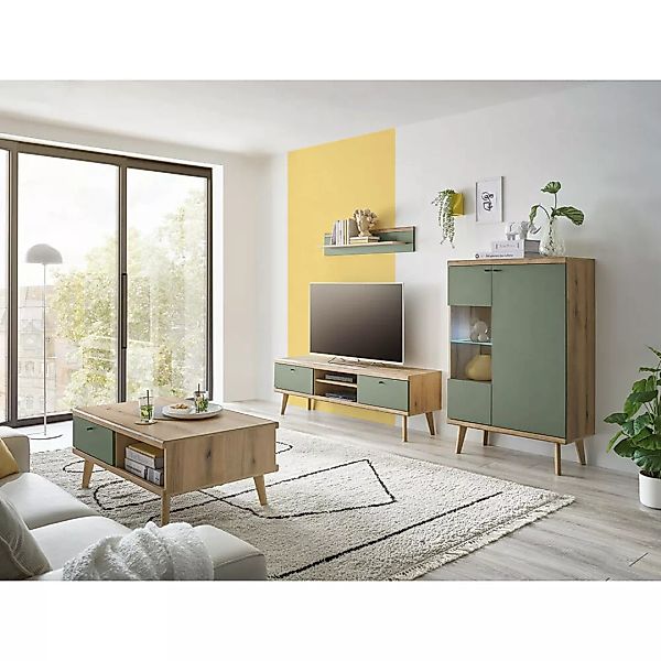TV Wand in Eiche mit grün AVEZZANO-61 Modern 4-teilig, inkl. Couchtisch günstig online kaufen