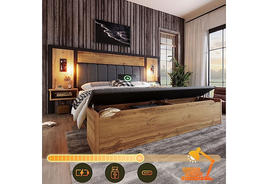 STILVORA Massivholzbett 180×200 Polsterbett mit Leselampe & USB C Nachttisc günstig online kaufen