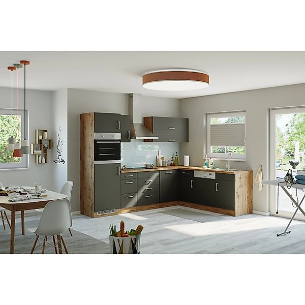 Held Möbel Küchenzeile Sorrento 210/ 270 cm Anthrazit-Wotaneiche Winkel günstig online kaufen