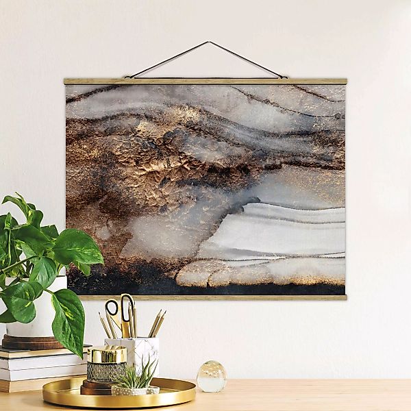 Stoffbild Abstrakt mit Posterleisten - Querformat Goldener Marmor gemalt günstig online kaufen