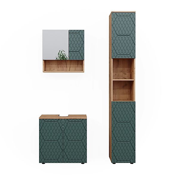 Vicco Badmöbel-Set Irma Goldkraft Eiche/Grün 3 Teile mit Hochschrank günstig online kaufen