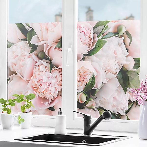 Fensterfolie Rosa Pfingstrosen mit Blättern günstig online kaufen