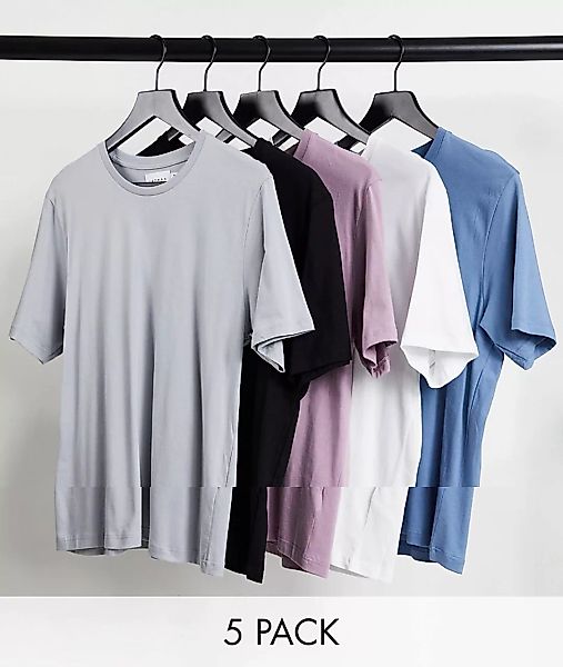 Topman ‑ 5er-Pack klassische T-Shirts in Weiß, Schwarz, Hellgrau, Staubrosa günstig online kaufen