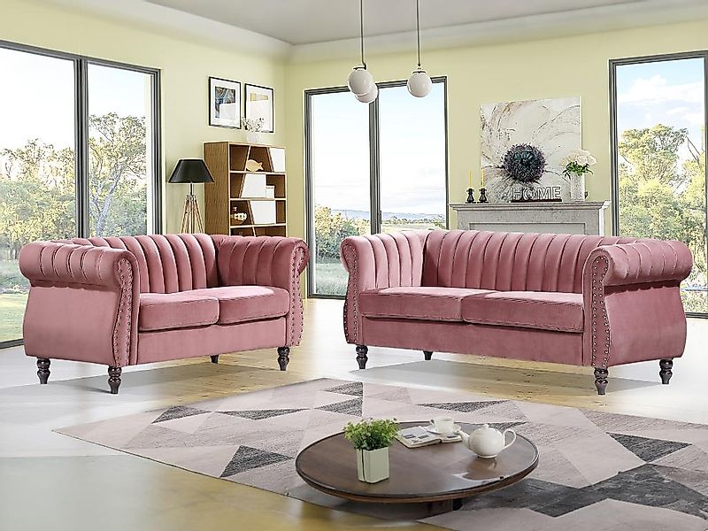 Chesterfield-Sofagarnitur - 3-Sitzer & 2-Sitzer - Samt - Altrosa - TRUMBO günstig online kaufen