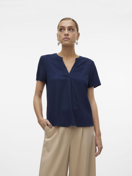 Vero Moda Blusenshirt "VMMYMILO SS V-NECK TOP WVN GA" mit Leinen günstig online kaufen