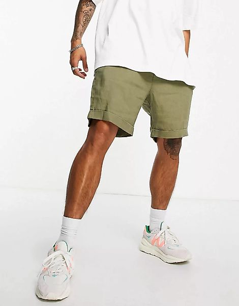 Weekday – Mash – Leinen-Shorts in Khaki-Grün günstig online kaufen