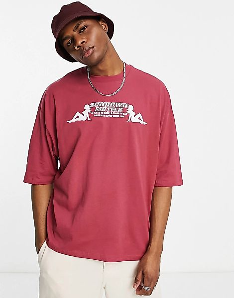 ASOS DESIGN – Oversize-T-Shirt aus Bio-Baumwolle in Rot mit Motel-Print günstig online kaufen