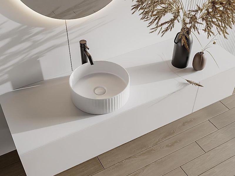 Aufsatzwaschbecken rund - Weiß - Keramik - geriffelt - 36 cm - PEDARA günstig online kaufen