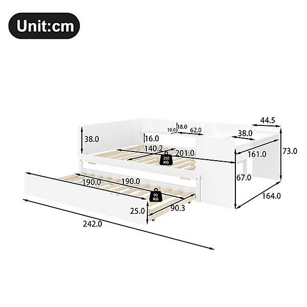 Ulife Kinderbett Flachbett Holzbett mit Schreibtisch und Regalen (Ohne Matr günstig online kaufen