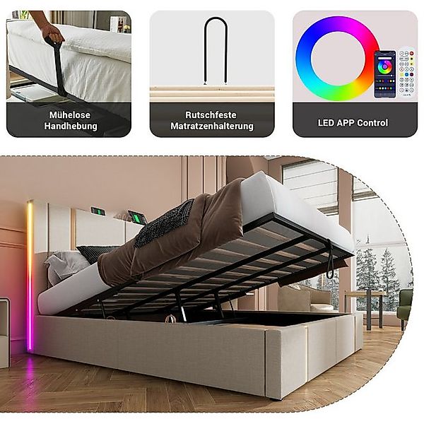 HAUSS SPOLE Polsterbett 180×200 mit Ladefunktion APP-Control LED Beige Lein günstig online kaufen