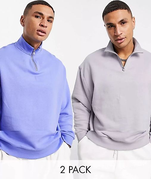 ASOS DESIGN – 2er-Pack Oversize-Sweatshirts mit Stehkragen in Blau/Lila-Meh günstig online kaufen
