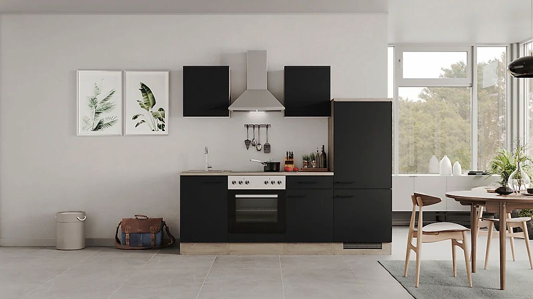 Flex-Well Exclusiv Küchenzeile Capri 220 cm Schwarz Matt-Endgrain Oak günstig online kaufen