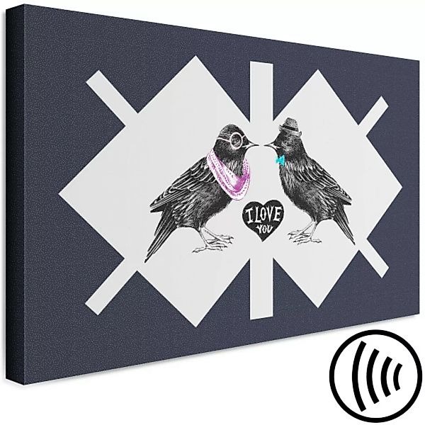 Wandbild Verliebte Stare - elegante Vögel auf einem geometrischen Hintergru günstig online kaufen