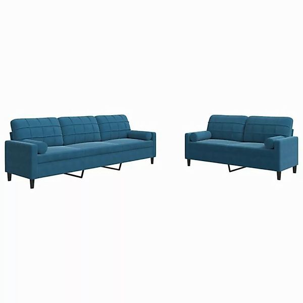 vidaXL Sofa 2-tlg. Sofagarnitur mit Kissen und Nackenrollen Blau Samt günstig online kaufen