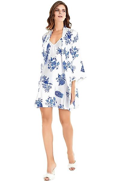 Nachthemd 2-teiliges Satin Nachthemd Set mit Kimono – Weiß mit Blumenmuster günstig online kaufen