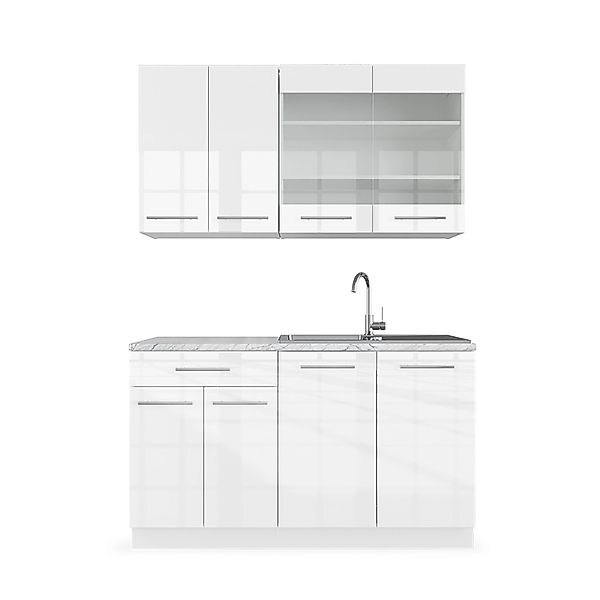 Vicco Fame-Line Singleküche Weiß Hochglanz/Weiß 140 cm AP Marmor günstig online kaufen