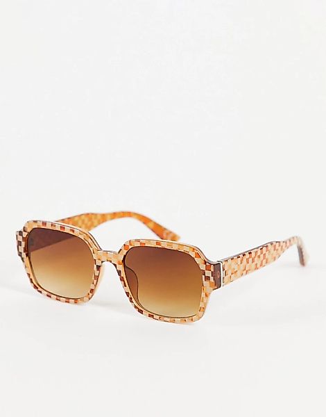 ASOS DESIGN – Eckige Sonnenbrille in Braun mit Schachbrettmuster günstig online kaufen