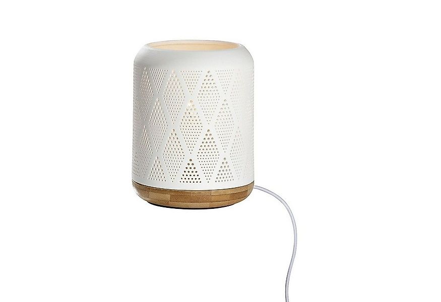 GILDE Tischleuchte Porzellan Lampe Prickelraute weiß / Sockel in Holzoptik günstig online kaufen