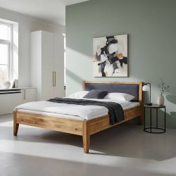 Holzbett aus Wildeiche Massivholz gepolstertem Kopfteil in Anthrazit günstig online kaufen