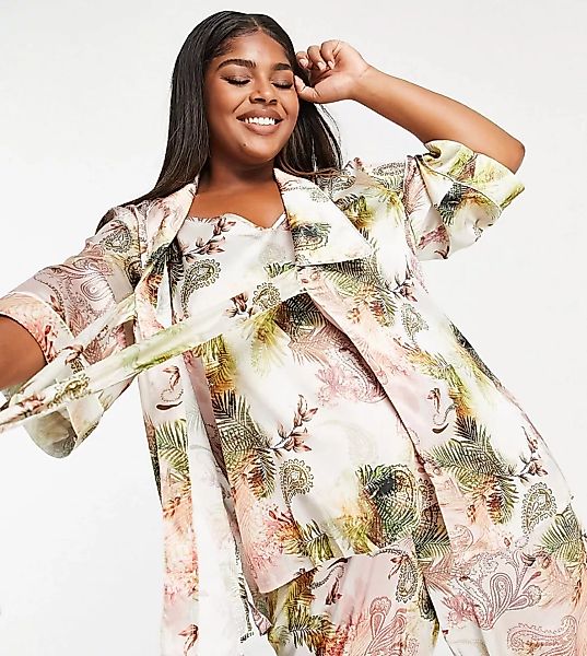 River Island Plus – Pyjama-Kimono aus Satin mit Paisleymuster in Rosa, Komb günstig online kaufen