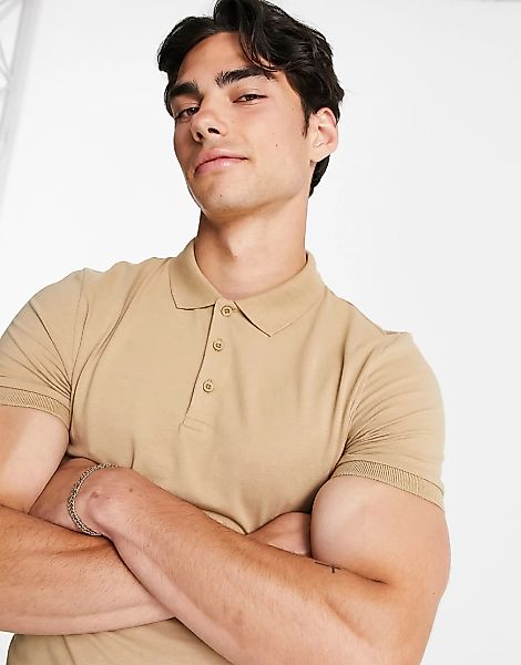 ASOS DESIGN – Polo-Muskelshirt aus Bio-Baumwollmix und Jersey in Beige-Rot günstig online kaufen