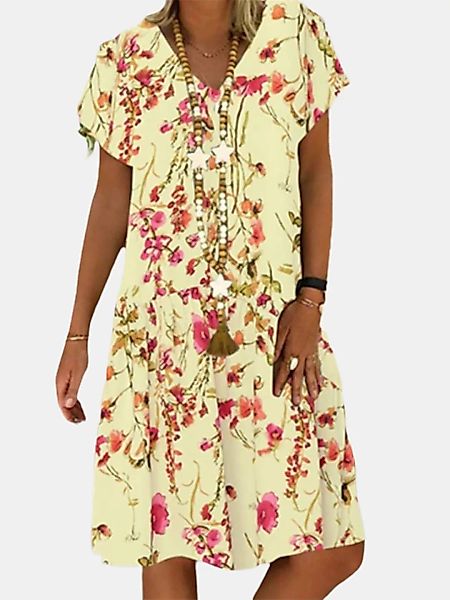 Blumendruck Kurzarm Midi Kleid mit V-Ausschnitt günstig online kaufen