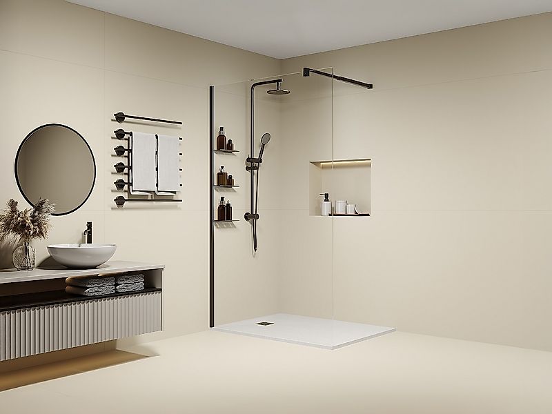 Duschtrennwand für begehbare Duschen mit Ablagen - Schwarz matt - Glas 6 mm günstig online kaufen