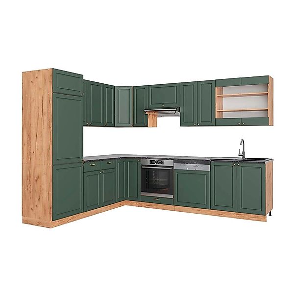 Vicco Fame-Line Eckküche Grün-Gold Landhaus/Goldkraft Eiche 227 x 287 cm AP günstig online kaufen