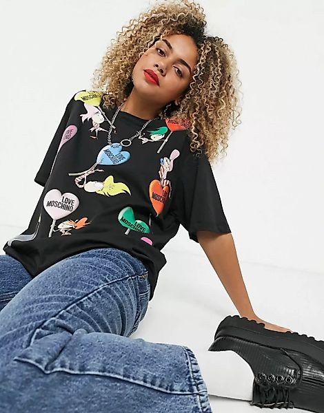 Love Moschino – Schwarzes T-Shirt mit Lolli- und Puppenmotiv günstig online kaufen