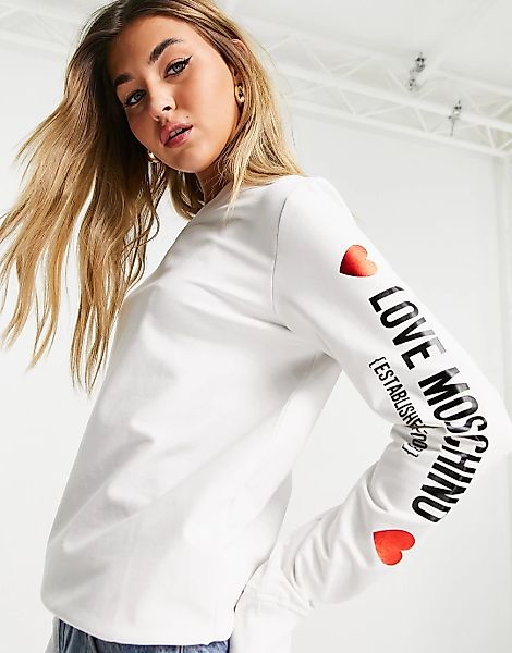 Love Moschino – Sweatshirt in Weiß mit Logo am Ärmel günstig online kaufen
