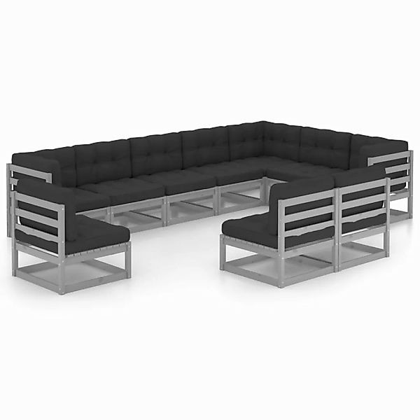 10-tlg. Garten-lounge-set Mit Kissen Grau Kiefer Massivholz günstig online kaufen