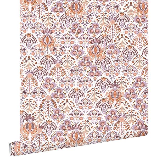 ESTAhome Tapete Blumenmuster im Jugendstil Violett und Orange 50 x 900 cm günstig online kaufen