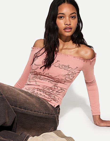 Bershka Asymmetrisches Langarmshirt Damen L Rosa günstig online kaufen