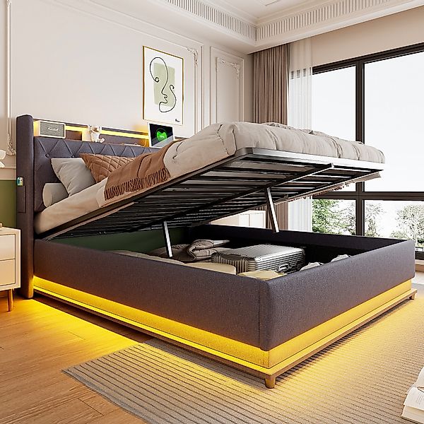 Merax Polsterbett mit LED-Beleuchtung & USB-Ladeanschluss günstig online kaufen