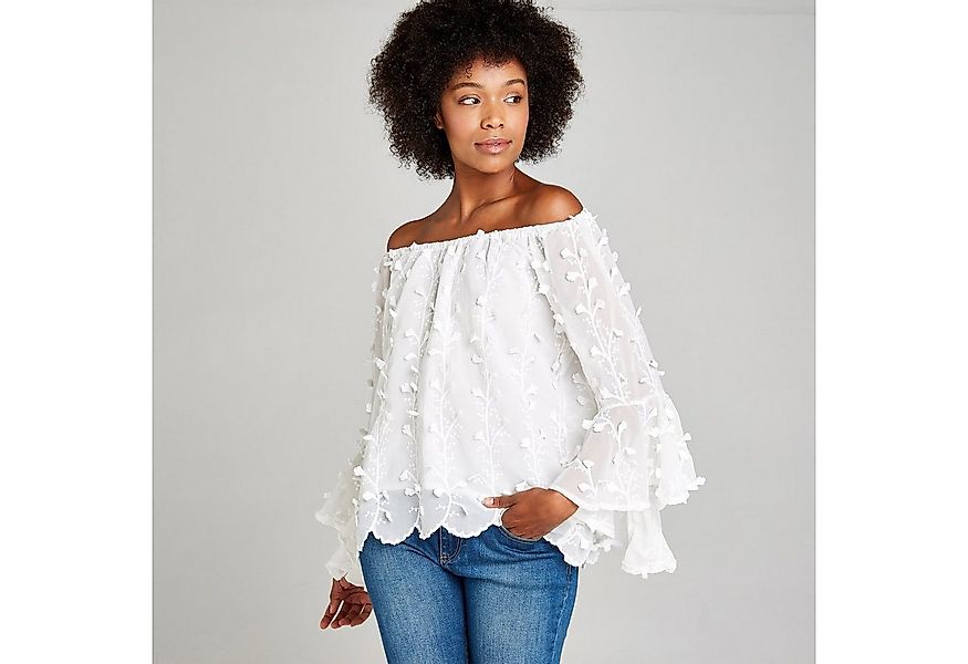 Apricot Klassische Bluse Bardot-Bluse (1-tlg) mit aufgestickten Blumen günstig online kaufen