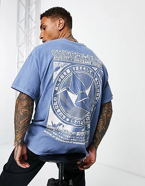 Topman – Oversize-T-Shirt in Blau mit Origami-Print auf Vorder- und Rücksei günstig online kaufen