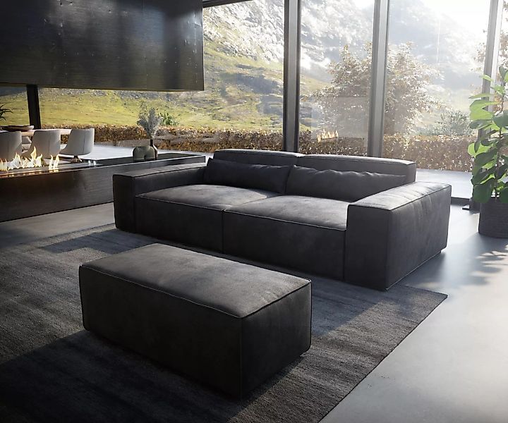 Big-Sofa Sirpio XL 270x130 cm Lederimitat Vintage Anthrazit  mit Hocker günstig online kaufen