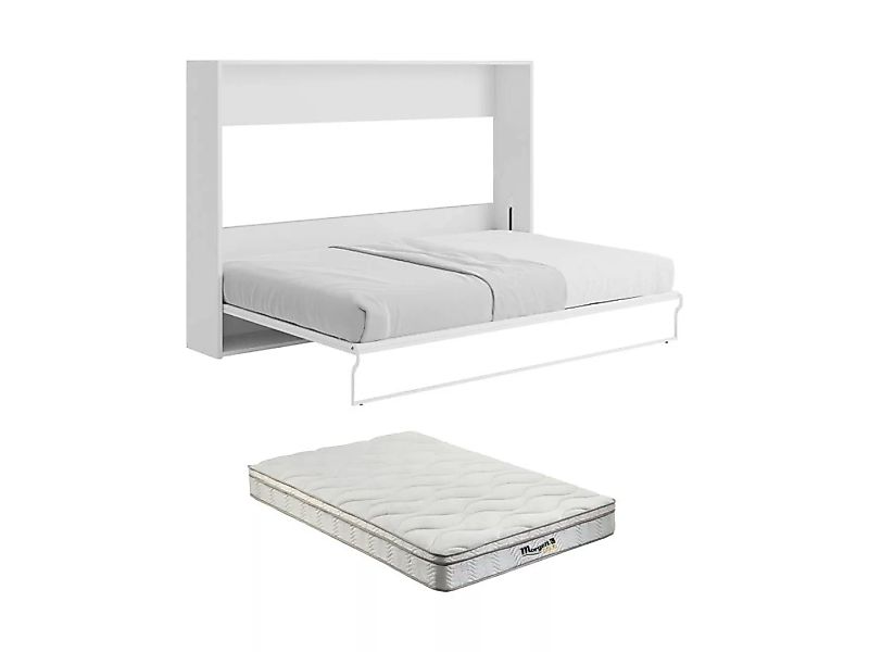Schrankbett 140 x 200 cm + Matratze - Manuelle horizontale Öffnung - Weiß & günstig online kaufen