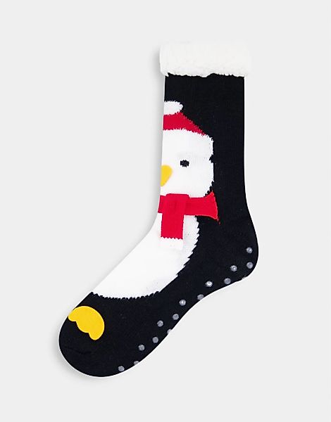 ASOS DESIGN – Hausschuhsocken mit weihnachtlichem Pinguindesign-Schwarz günstig online kaufen