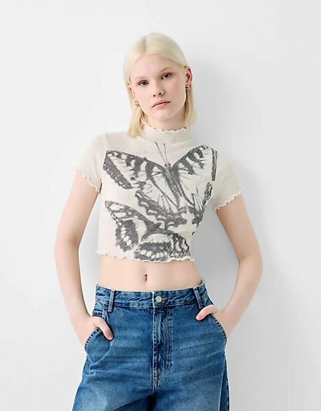 Bershka Rustikales T-Shirt Mit Kurzen Ärmeln Und Print Damen 10-12 Rohweiß günstig online kaufen