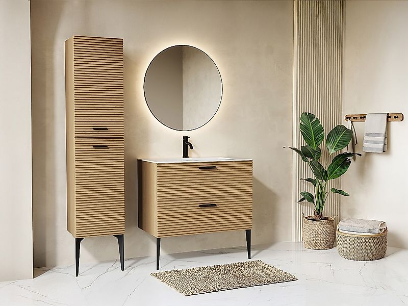 Badhochschrank auf Füßen gestreift - Holzfarben hell - H. 140 cm - SARONE günstig online kaufen