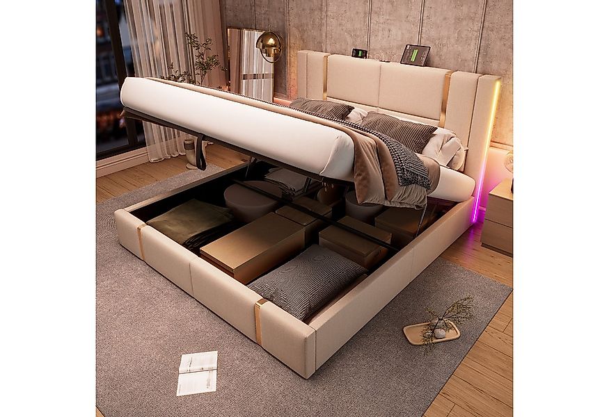 Flieks Polsterbett, LED Hydraulisches Stauraumbett mit USB/Type C Ladefunkt günstig online kaufen