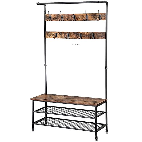 Songmics Garderobenständer Dalson mit Bank 41,5 x 100 x 182 cm Braun-Schwar günstig online kaufen