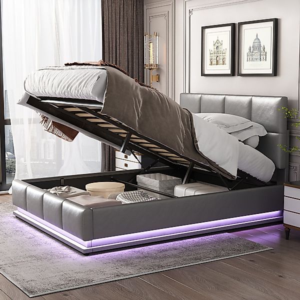 Flieks Polsterbett, LED hydraulisches Doppelbett Kunstleder günstig online kaufen