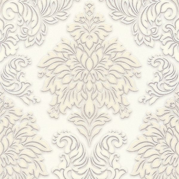 PROFHOME 368982-GU Barock Tapete Ornament glänzend Weiß Silber Beige 0,53 m günstig online kaufen