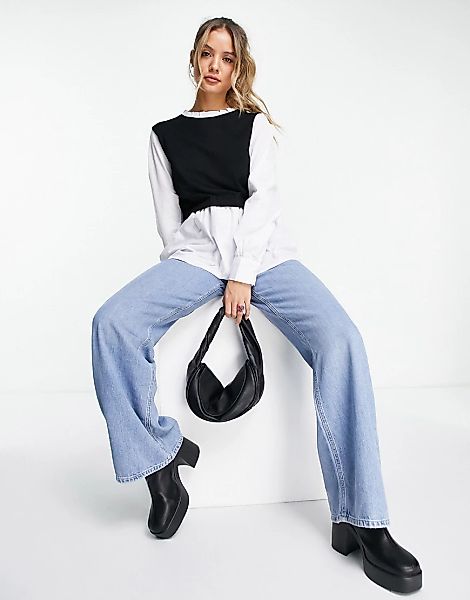 New Look – 2-in 1-Pullover in Schwarz mit Rüschenbesatz am Ausschnitt-Weiß günstig online kaufen