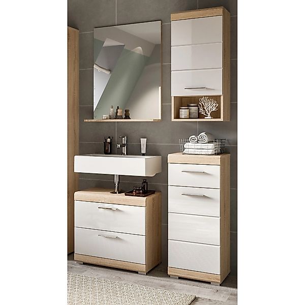 Inn.Furn Badmöbel Set 4-teilig 112 cm in Weiß Hochglanz und Eiche Mambo günstig online kaufen