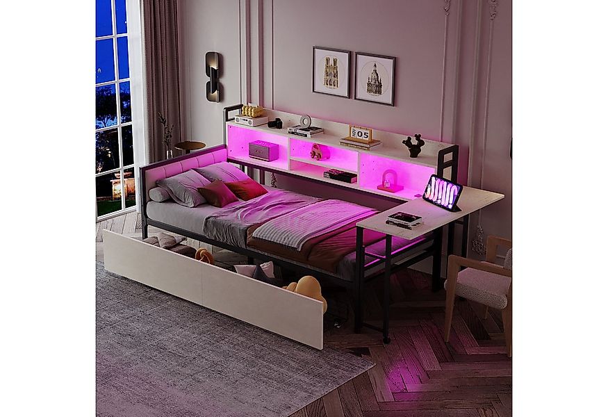 MODFU Schlafsofa mit ausziehbarem Schreibtisch, Kinderbett mit LED-Beleucht günstig online kaufen